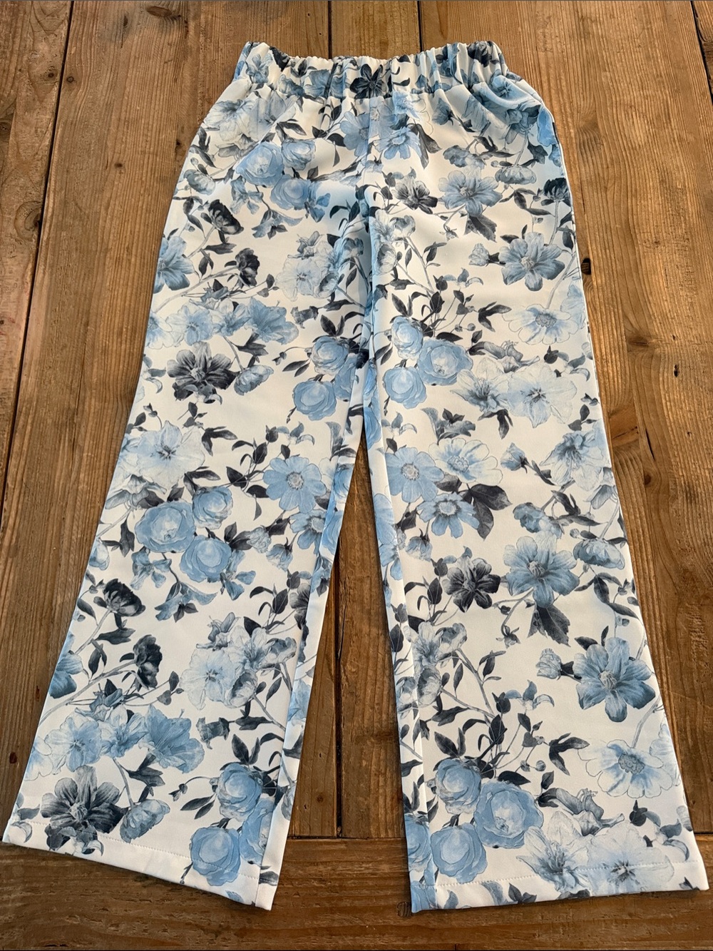 Blue Floral Wide-Leg Kids Pants with Elastic Waist